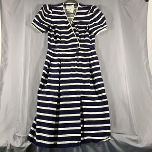 Vintage I Magnin California Dress Womens 12 Navy Stripe Wrap Midi USA 80s